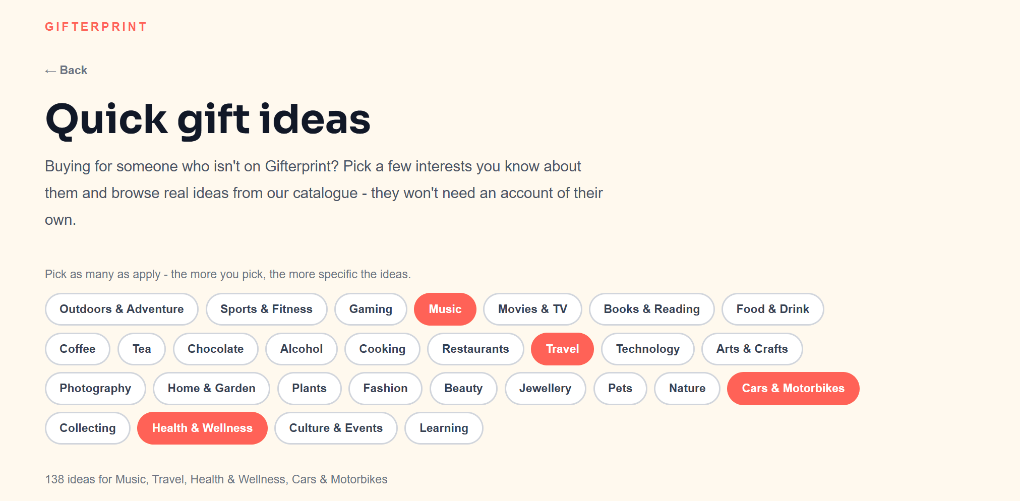 Selecting interests like Music, Travel and Health & Wellness in Quick Gift Ideas