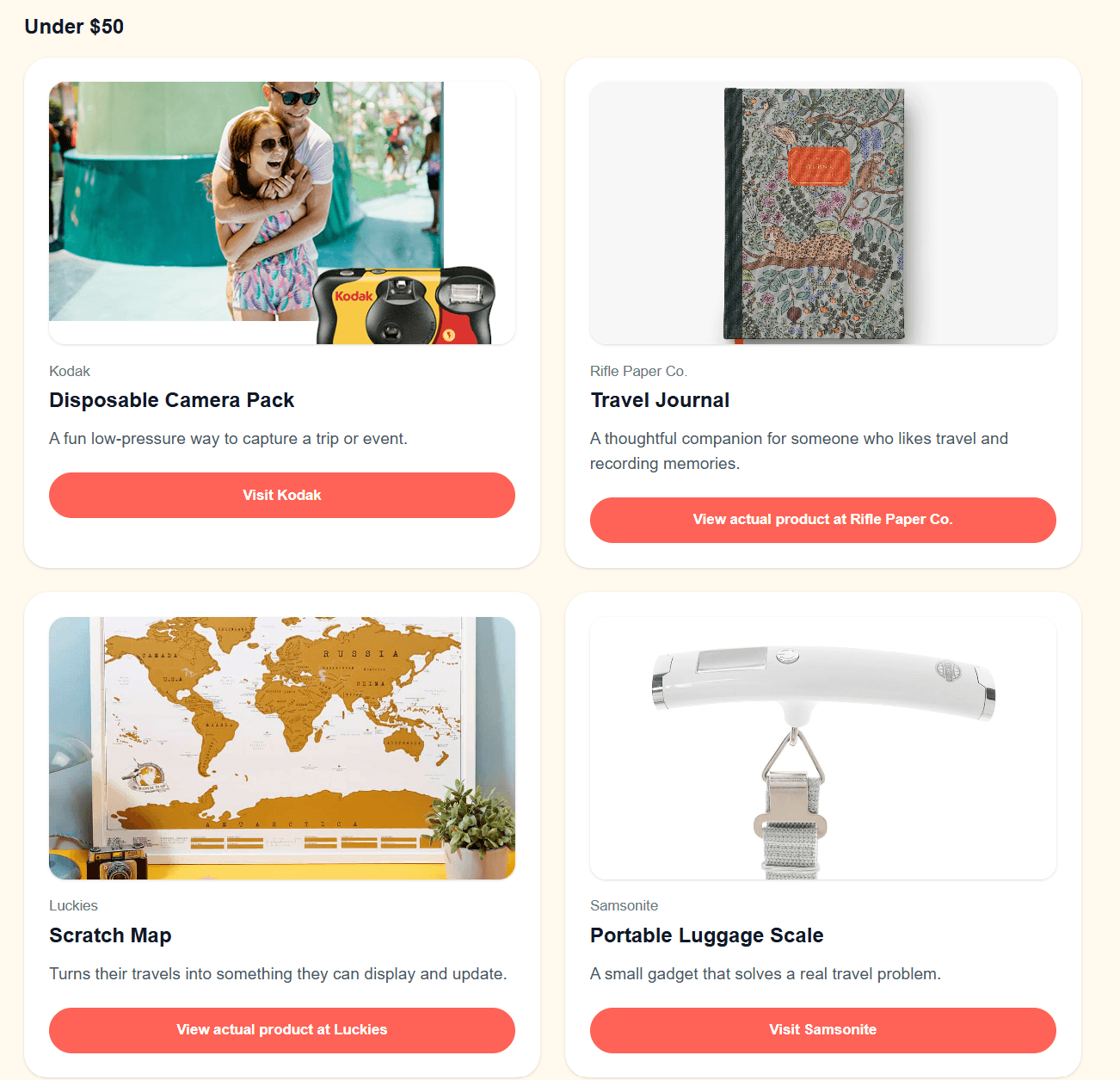 A real grid of matched gift ideas from Quick Gift Ideas, with product photos, names and prices